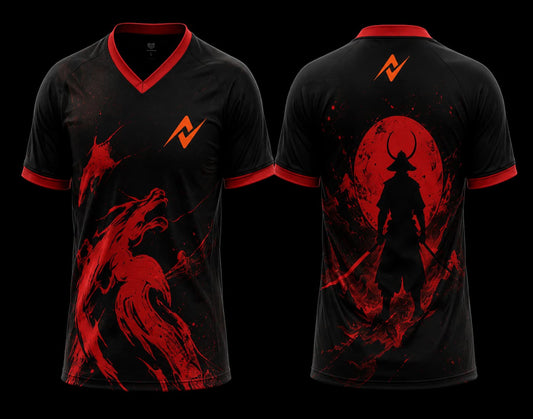 Front and back view of a black and red V-neck esports jersey featuring a dragon graphic on the front, a samurai silhouette beneath a red moon on the back, and an orange logo on the chest and upper back.