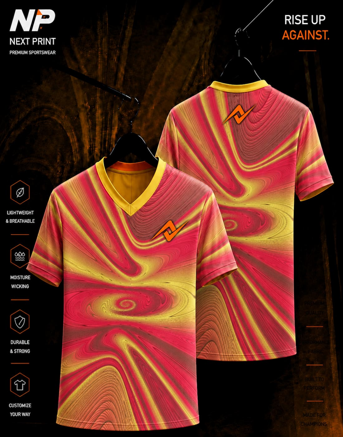 Crimson red and golden yellow abstract swirl sublimation V-neck sports jersey front and back by Next Print