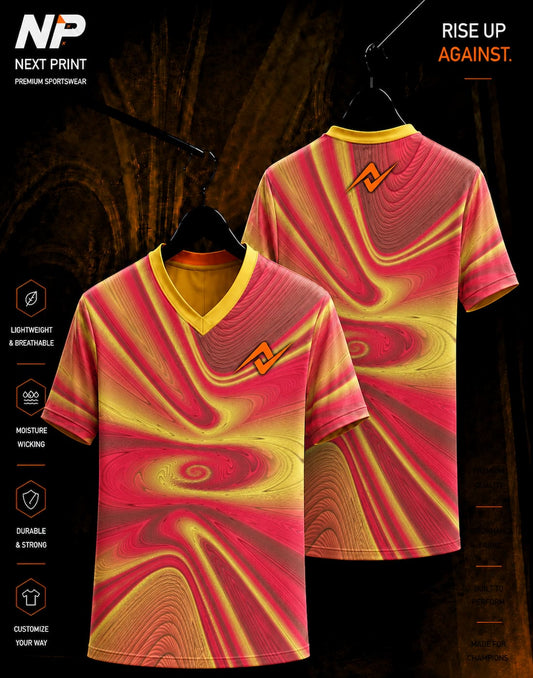 Crimson red and golden yellow abstract swirl sublimation V-neck sports jersey front and back by Next Print