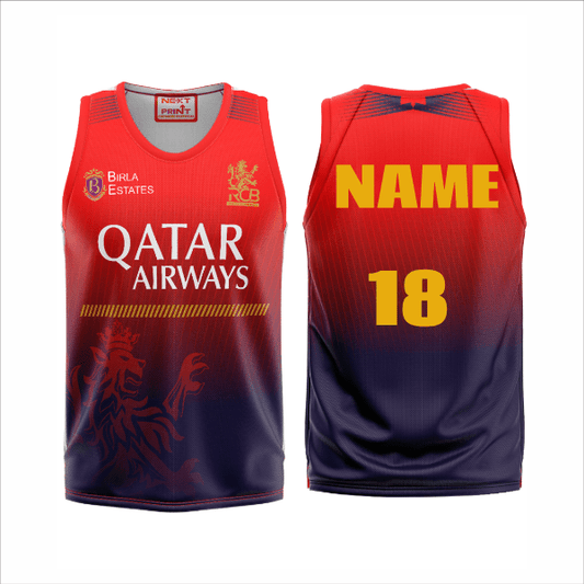 Front and back view of a custom sleeveless red and navy gradient cricket jersey with personalized player name and jersey number.