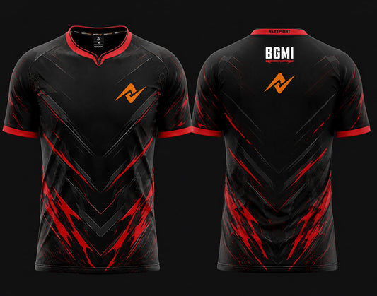 Front and back view of Crimson Vortex BGMI esports jersey featuring black fabric with red energy graphics, round neck collar, and orange logo placement on chest and upper back neck.