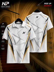 White polo sports jersey with crystal-inspired geometric pattern and black and gold accents, premium dry-fit fabric, front and back view.