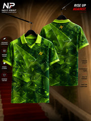 Emerald green crystal prism geometric custom performance polo sports jersey with front and back views for team sports.