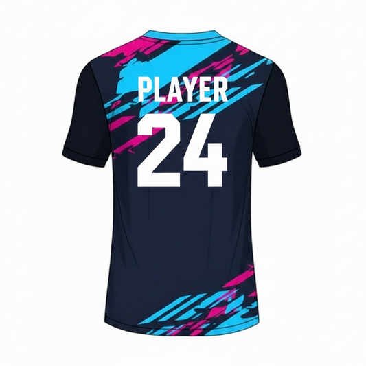 Black blue pink abstract fusion custom esports jersey back side with player name and number