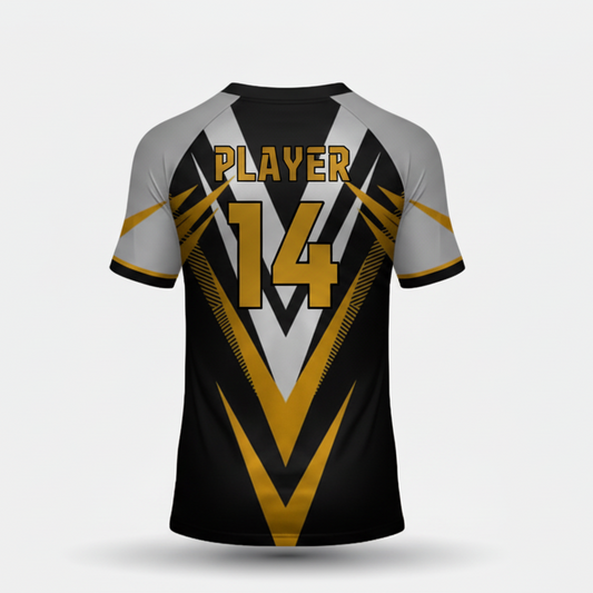 Custom black gold esports jersey back side with personalized gamer name and number