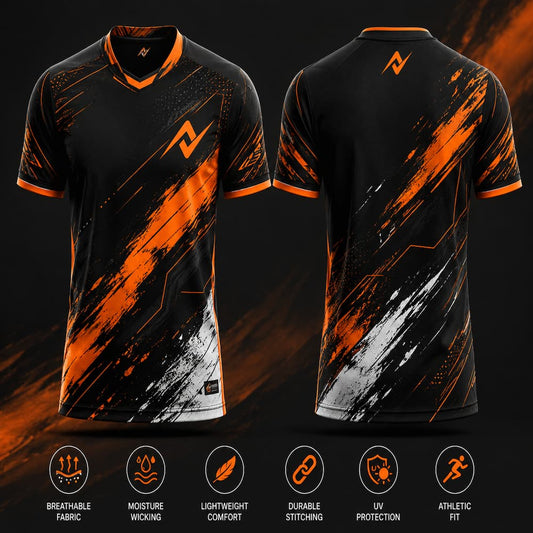 Custom black orange football jersey for men with personalized team logo, dry fit sports jersey by NextPrint