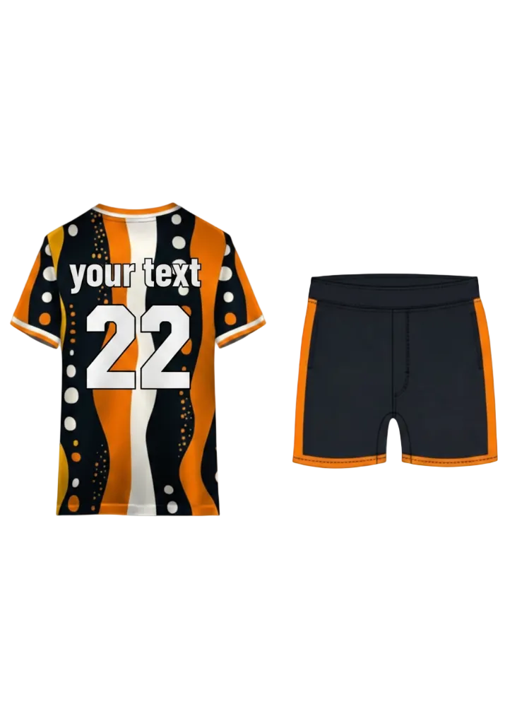 Custom black and orange sports jersey with abstract wave and polka dot pattern and matching shorts for cricket, football and team sports by NextPrint India