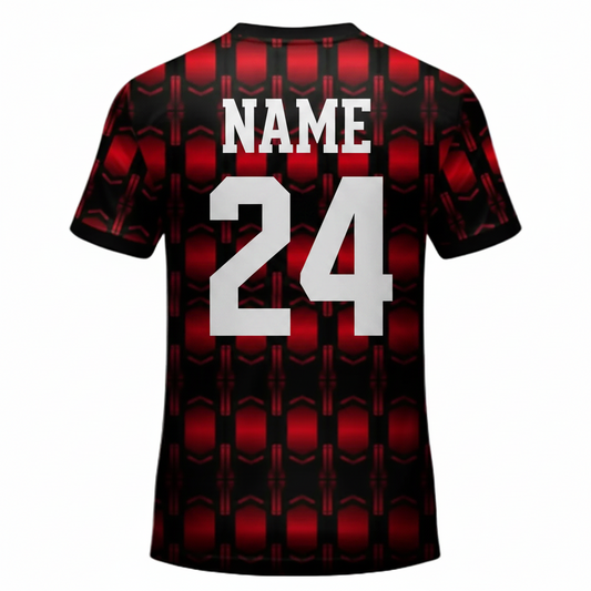 Custom black red inferno grid esports jersey back side with personalized gamer name and number