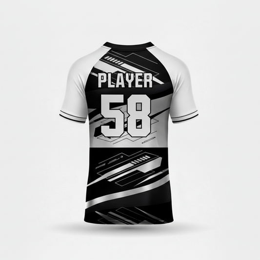Custom black white esports jersey back side with personalized gamer name and number