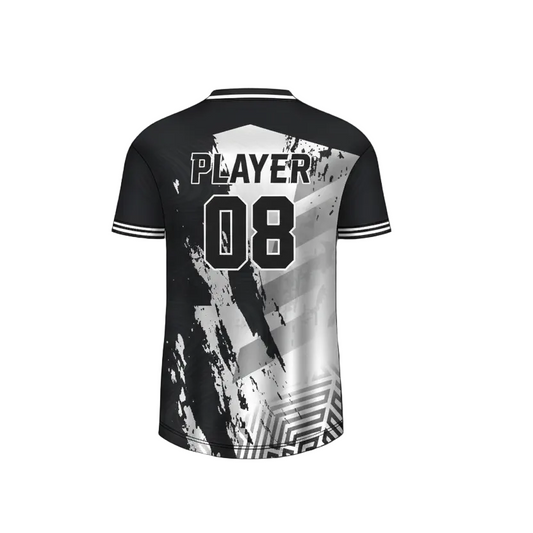 Custom black and white esports jersey back side with personalized gamer name and number