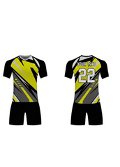 Custom black and yellow abstract design sports jersey with matching shorts, back side printed with name "Your Text" and number 22, breathable team uniform, NextPrint India