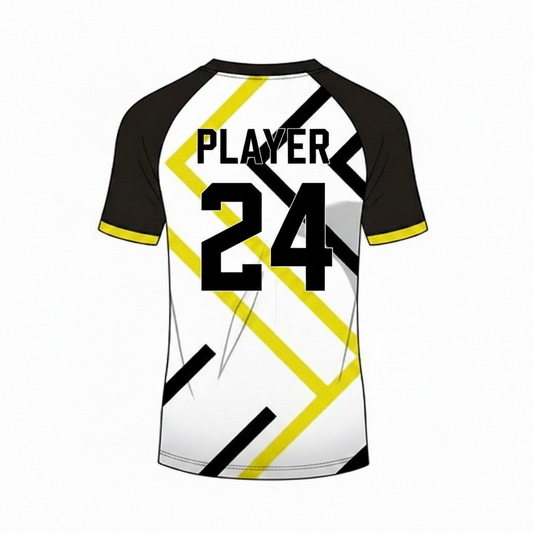 Black yellow white geometric custom esports jersey back side with player name and number