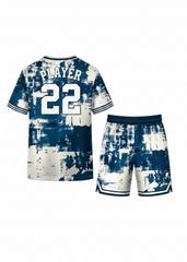 Custom blue abstract jersey and shorts set with matching design, ideal for sports teams and personalized uniforms