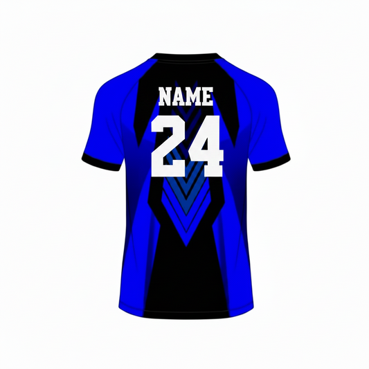Blue black custom esports jersey back side with player name and number