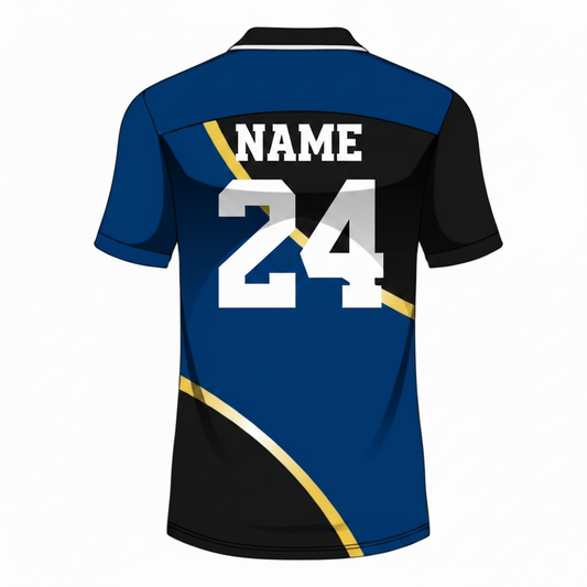 Blue black gold custom esports jersey back side with player name and number