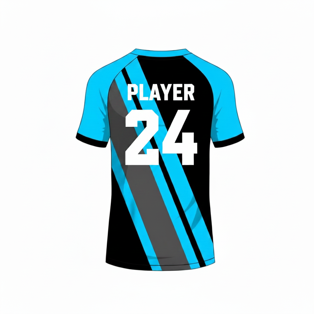 Blue black custom esports jersey back side with player name and number