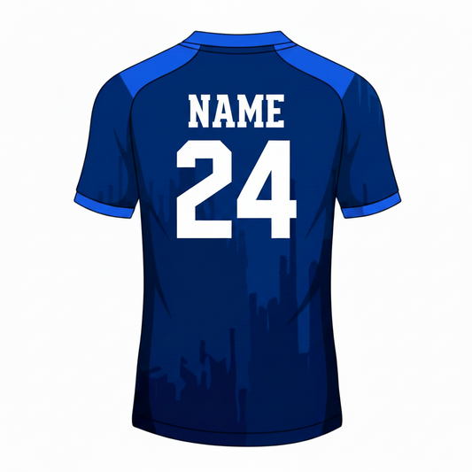 Blue custom esports polo jersey back side with player name and number