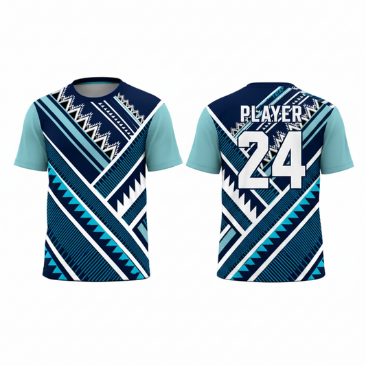 Blue white patterned esports jersey back view