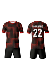 Black and red custom sports jersey with matching shorts for cricket, football and team uniform sublimation printing front and back view.