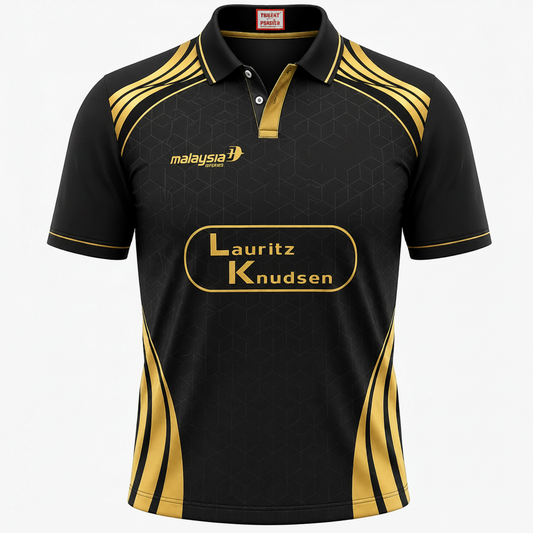 Black sports jersey with gold accents featuring various logos on a white background