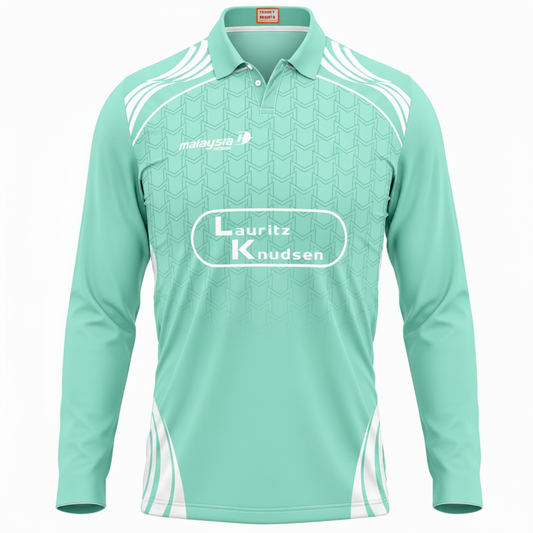 Teal sports jersey with various logos on a white background