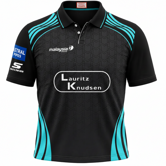 Black sports jersey with blue accents and various brand logos on a white background