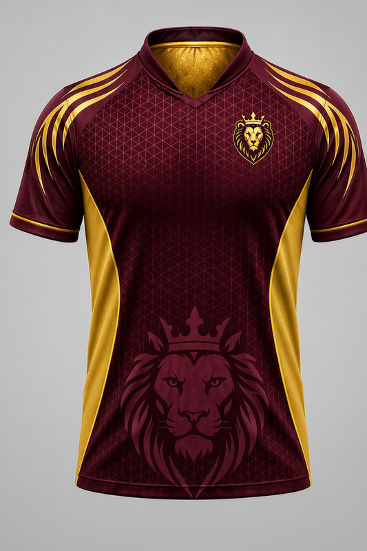 Maroon and gold cricket jersey with 'Mumbai Indian Cricket Club' text on a gray background
