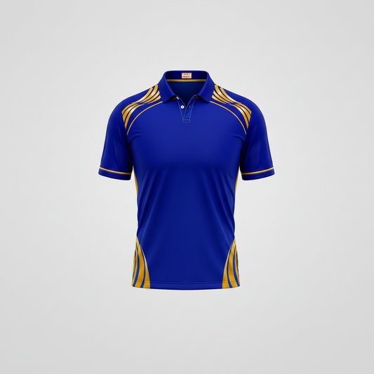 Blue and gold sports jersey with branding on a light gray background