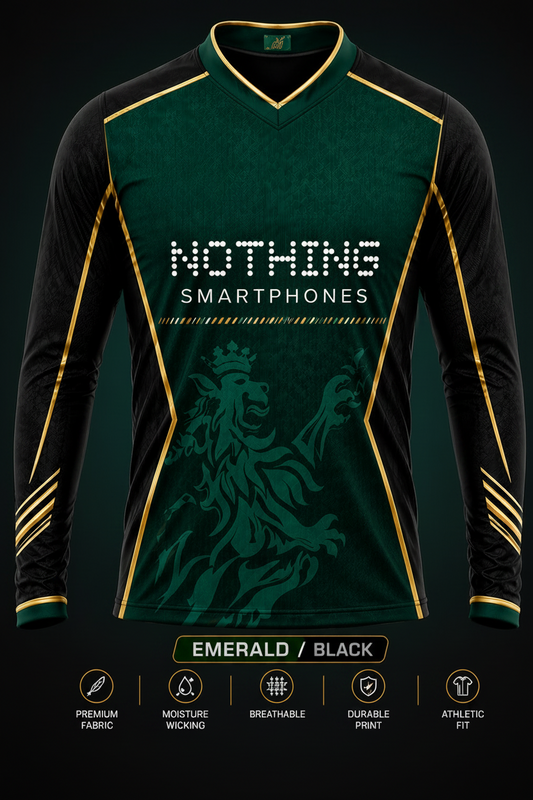 Green and black sports jersey with branding on a dark background