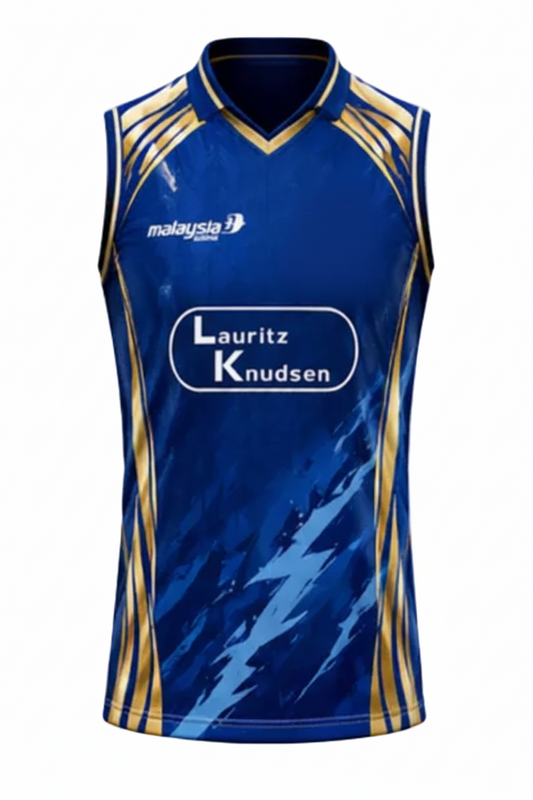 Custom blue cricket team jersey front view with premium sportswear design
