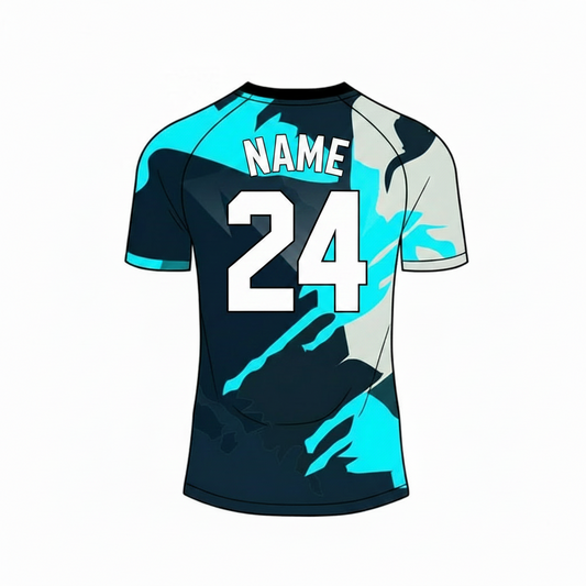 Cyan navy splash custom esports jersey back side with player name and number