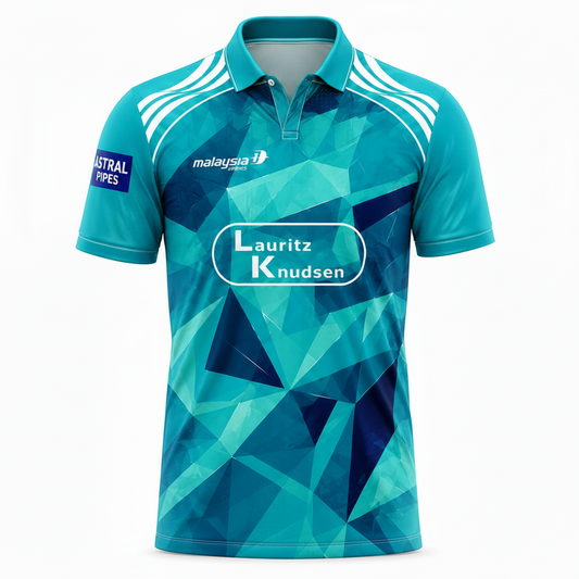 Teal sports jersey with various logos on a white background