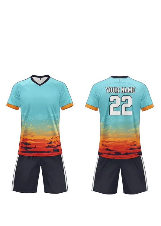 Custom gradient sunset sports jersey with matching shorts, breathable athletic wear for teams, NextPrint India