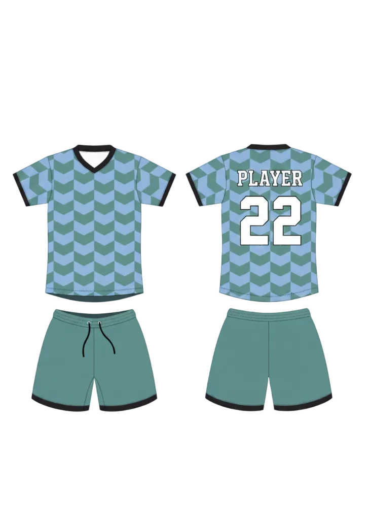 Custom green chevron pattern sports jersey with matching shorts, lightweight breathable teamwear set, NextPrint India