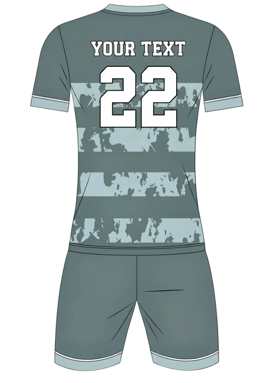Custom grey camouflage sports jersey with shorts set for cricket and football team uniform India back view striped design