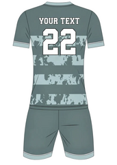 Custom grey camouflage sports jersey with shorts set for cricket and football team uniform India back view striped design