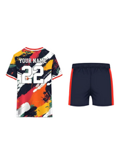 Custom multicolor sports jersey with abstract brush stroke pattern and matching navy shorts for cricket, football and team sports by NextPrint India