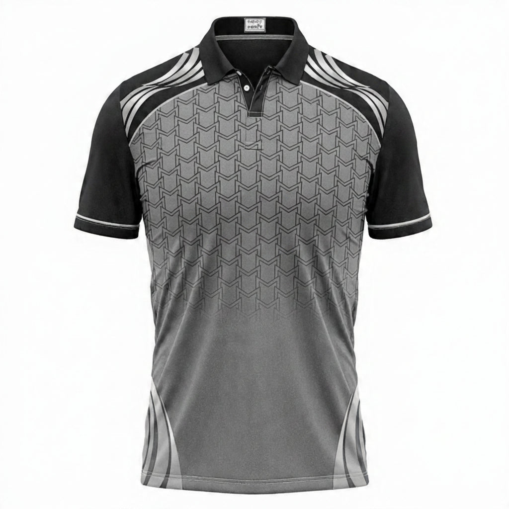Gray and black patterned polo shirt on a white background