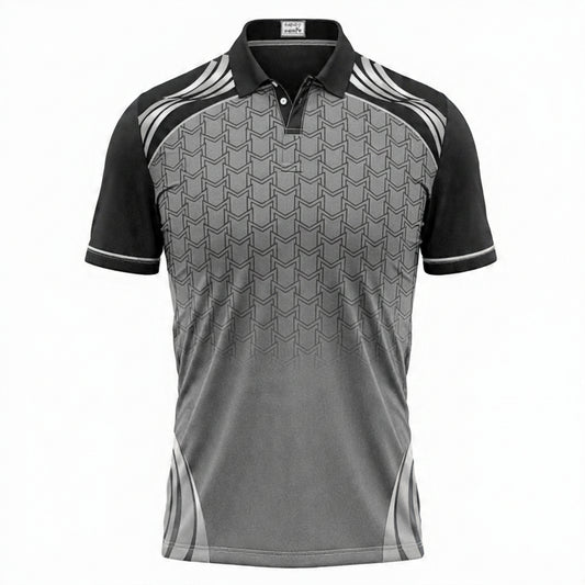 Gray and black patterned polo shirt on a white background