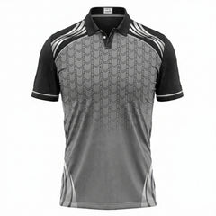 Gray and black patterned polo shirt on a white background