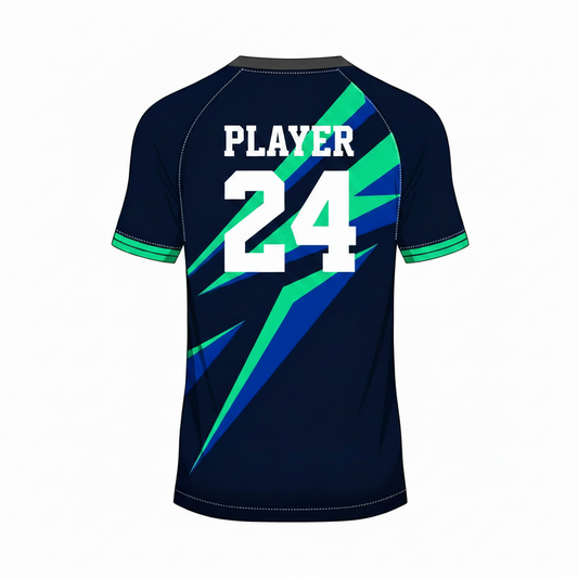Navy blue green striped custom esports jersey back side with player name and number