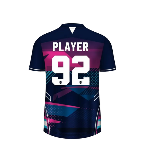 Custom navy blue esports jersey back side with personalized gamer name and number