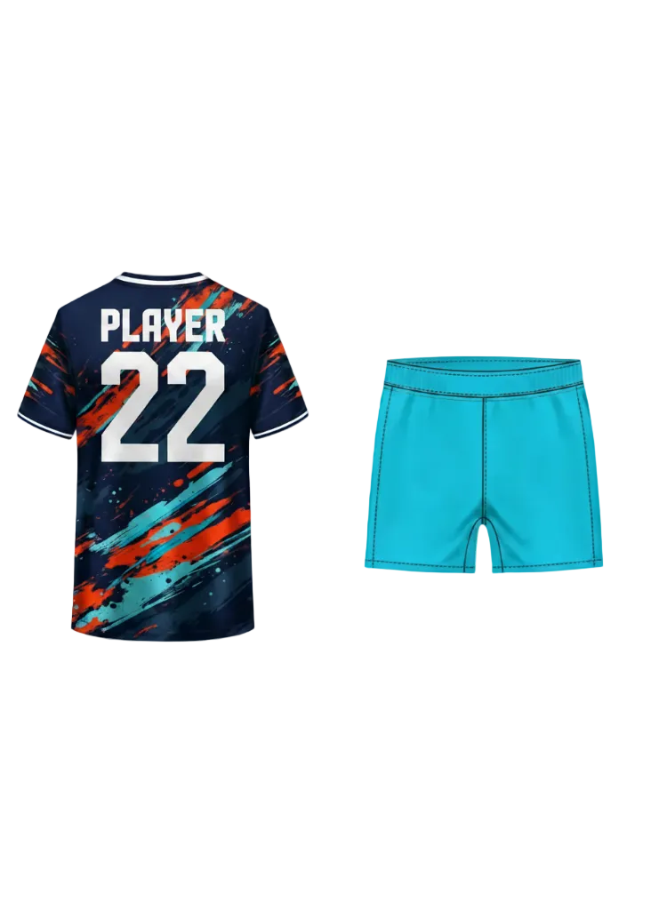 Custom navy blue sports jersey with orange and cyan abstract brush stroke design and matching cyan shorts for cricket, football and team sports by NextPrint India.