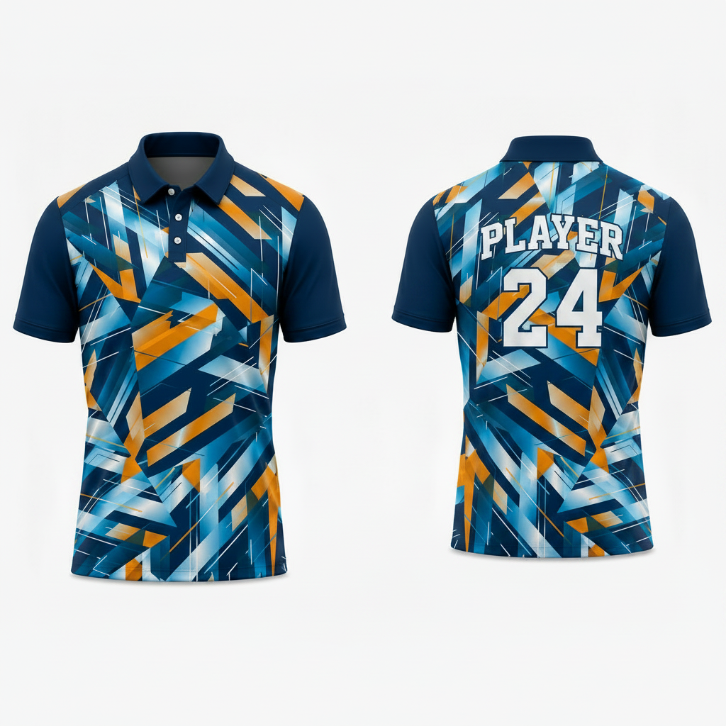 Navy blue orange patterned esports polo jersey back view