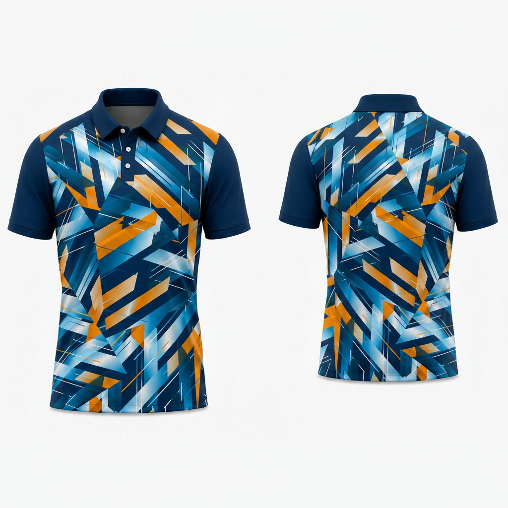 Custom Navy Blue Orange Patterned Esports Polo Jersey front view