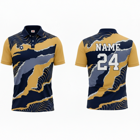 Navy yellow abstract fusion esports polo jersey back view