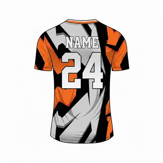 Orange black silver custom esports jersey back side with player name and number