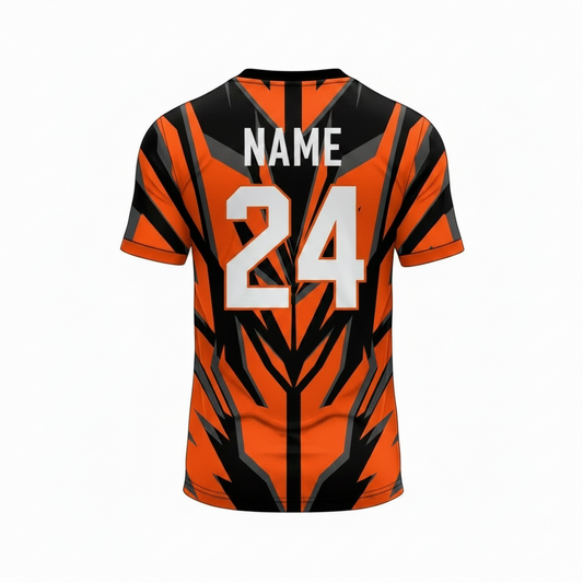 Orange black custom esports jersey back side with player name and number