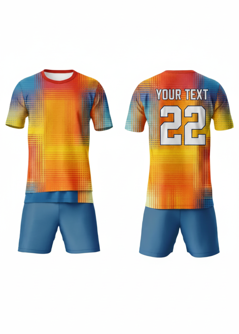 Custom orange and blue gradient sports jersey with shorts set for cricket and football team uniform India front and back view
