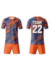 Custom orange and blue abstract design sports jersey with shorts set for cricket and football team uniform India front and back view